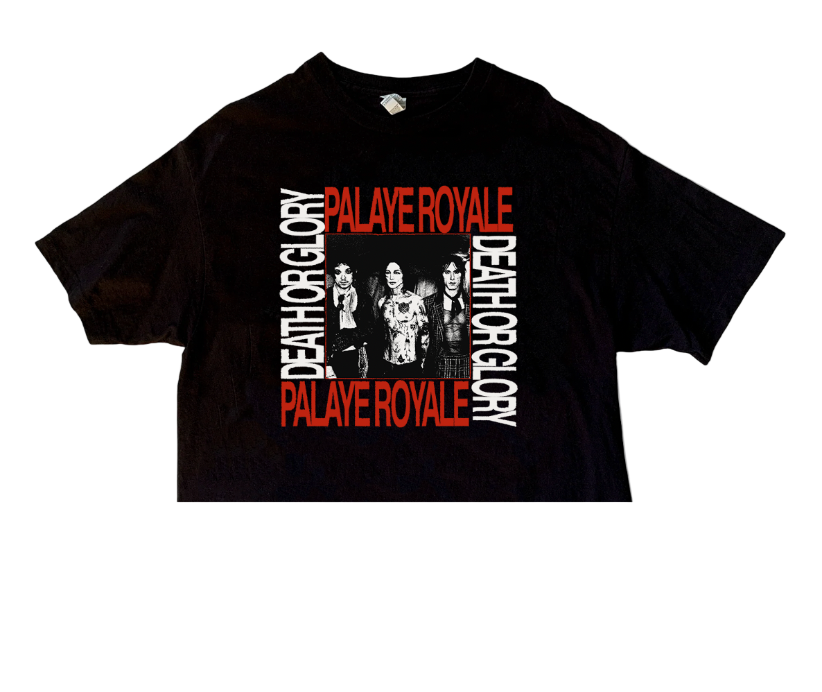 Black t-shirt with 'Palaye Royale' and 'Death or Glory' text and graphics on a white background