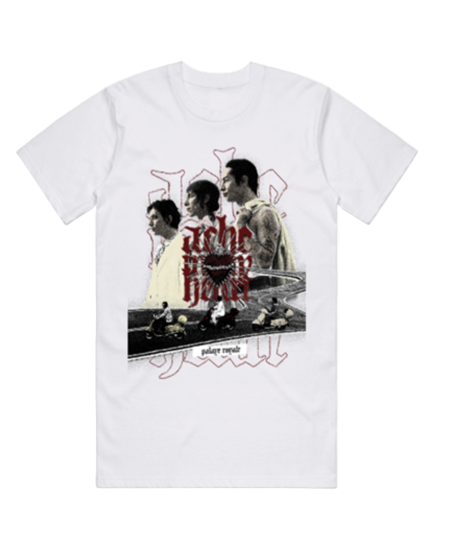 White t-shirt with graphic design of three people and text on a white background