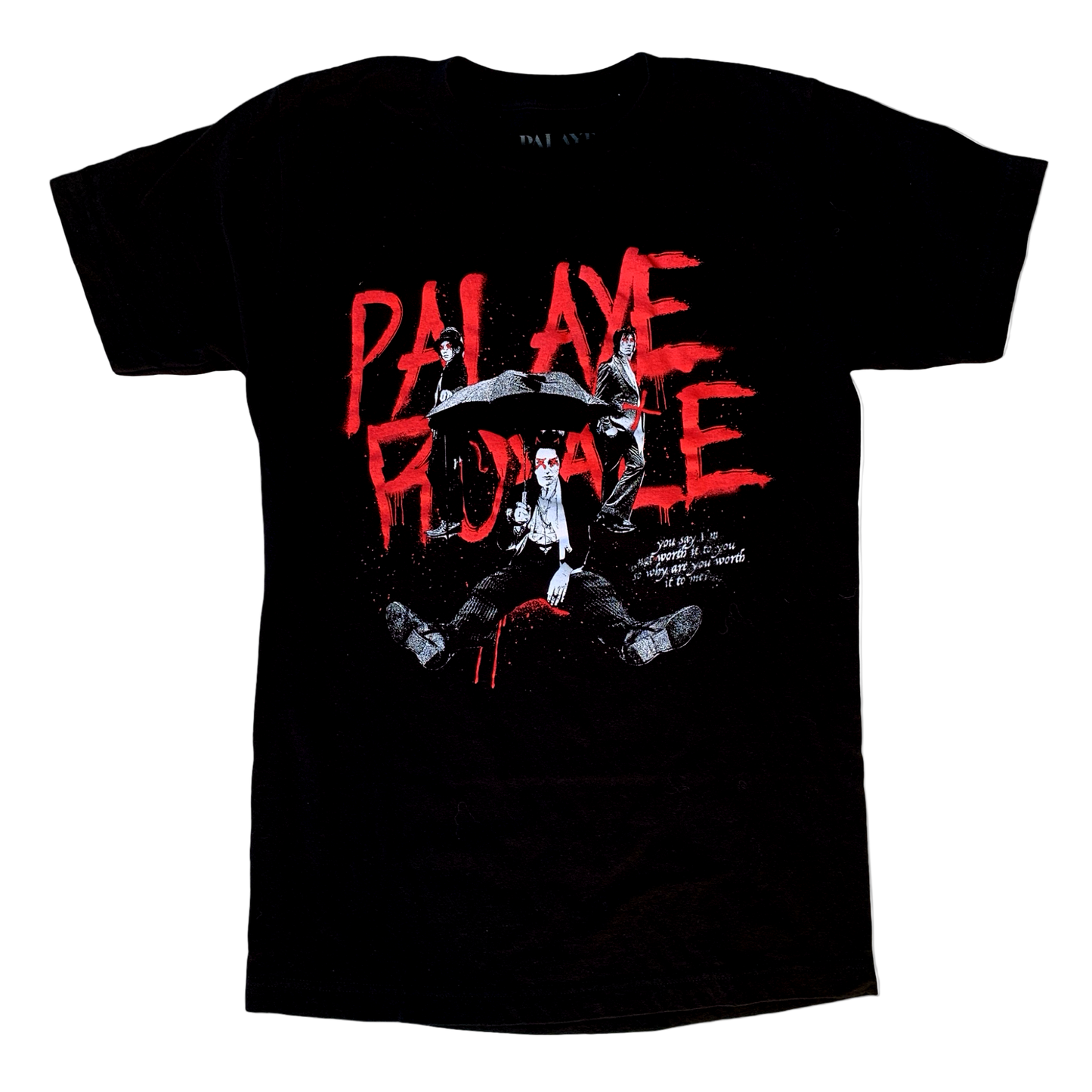 Black t-shirt with red and white graphic design on a white background