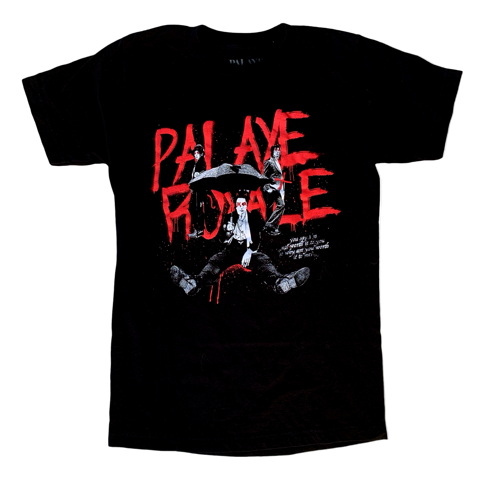 Black t-shirt with red and white graphic design on a white background