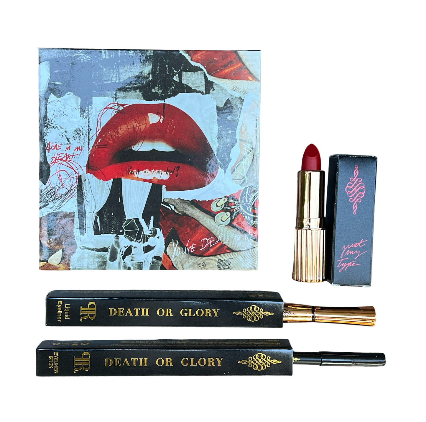 Lipstick, lipstick case, and books with 'Death or Glory' title on a white background