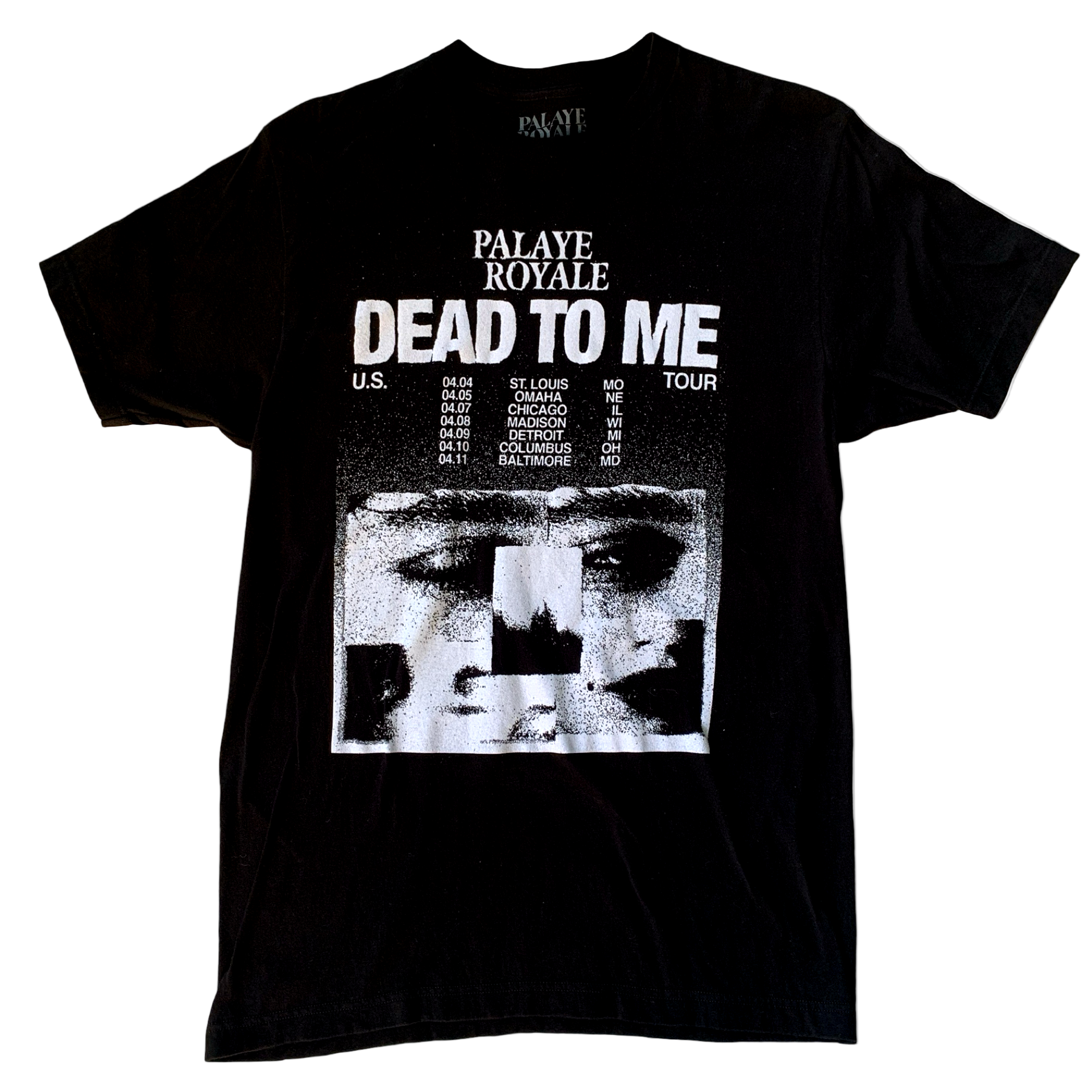 Black t-shirt with 'Palaye Royale Dead To Me' text and tour dates on a white background