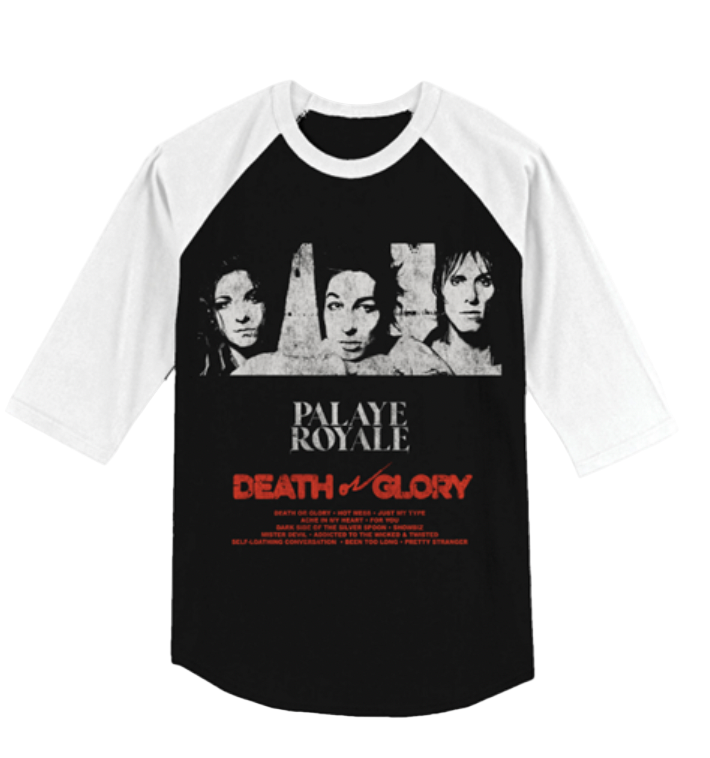 Black and white baseball shirt with 'Palaye Royale' design on a white background