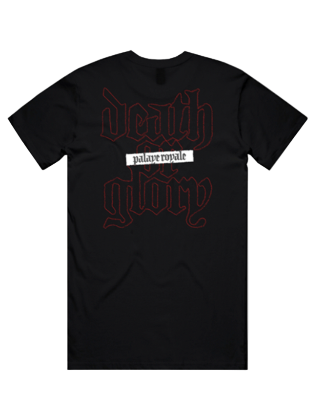 Black t-shirt with red and white text on a white background