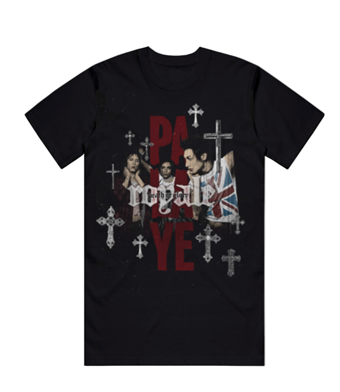 Black t-shirt with graphic design featuring text and images on a white background