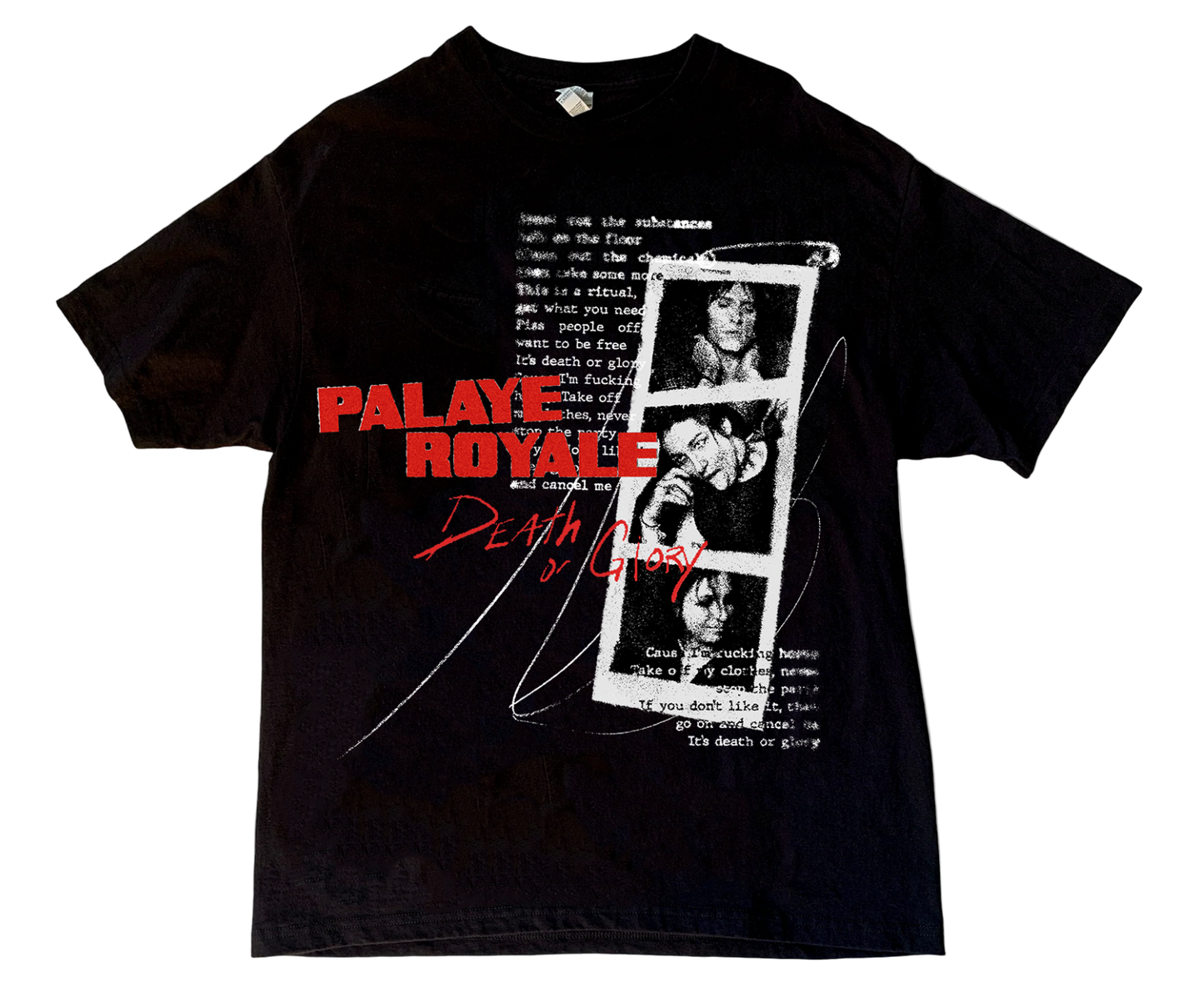 Black t-shirt with graphic design and text on a white background