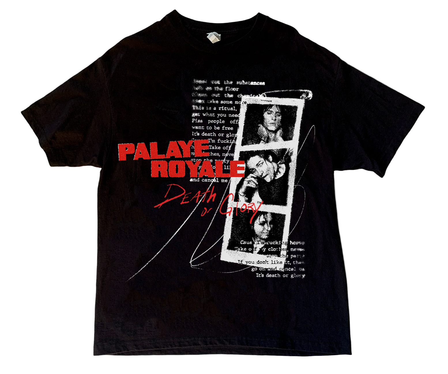 Black t-shirt with graphic design and text on a white background