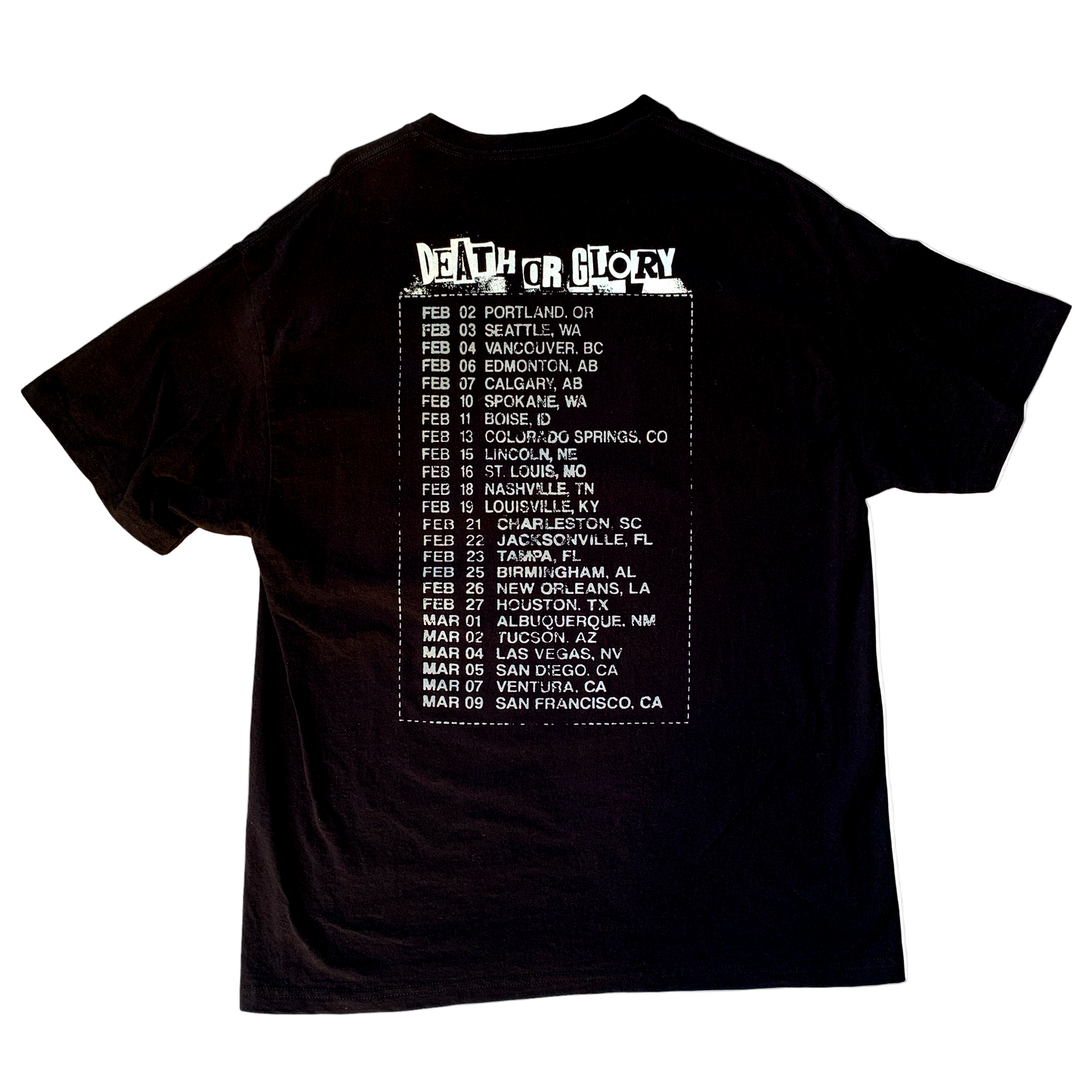 Black t-shirt with white text on the back displaying a list of dates and locations.