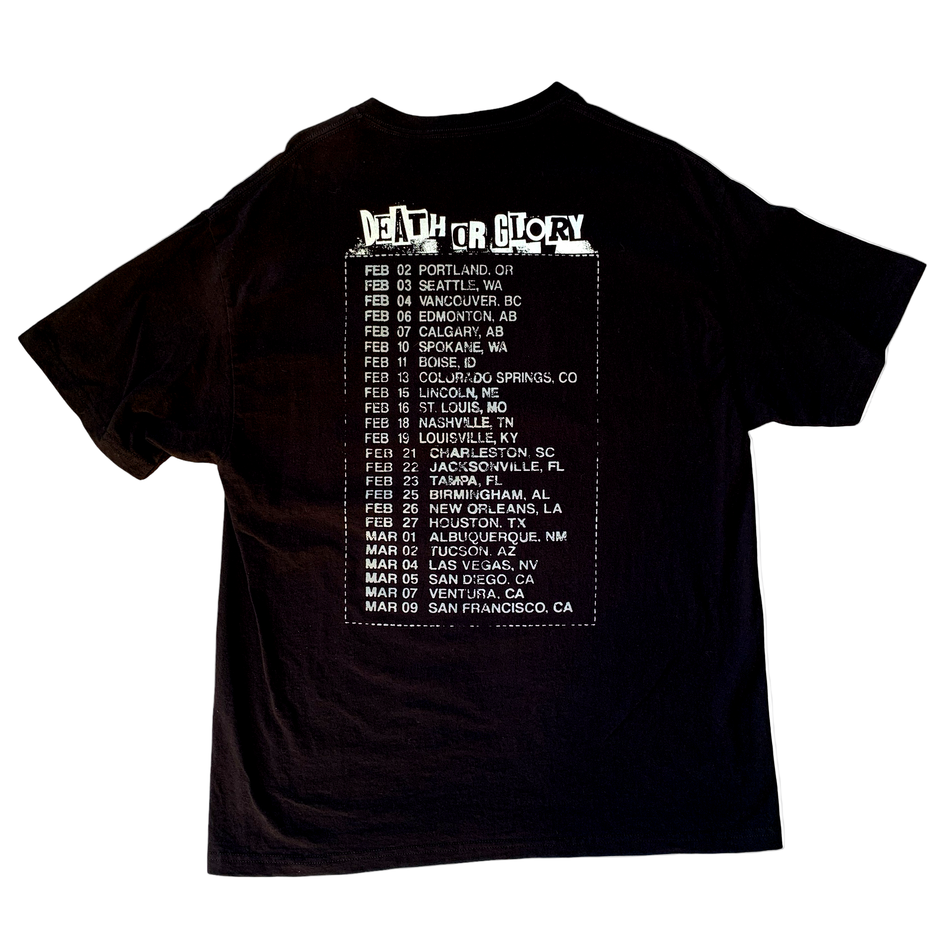 Black t-shirt with white text on the back displaying a list of dates and locations.