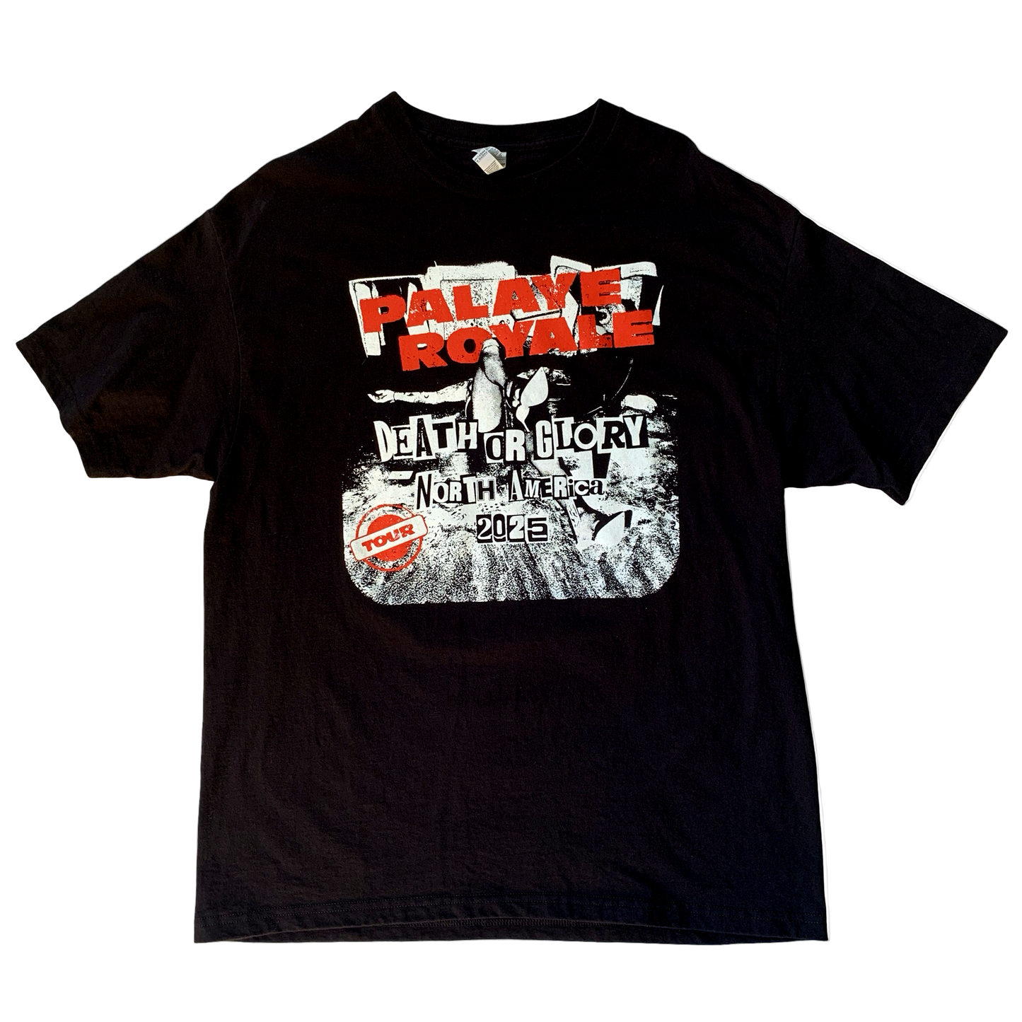 Black t-shirt with graphic design and text on a white background