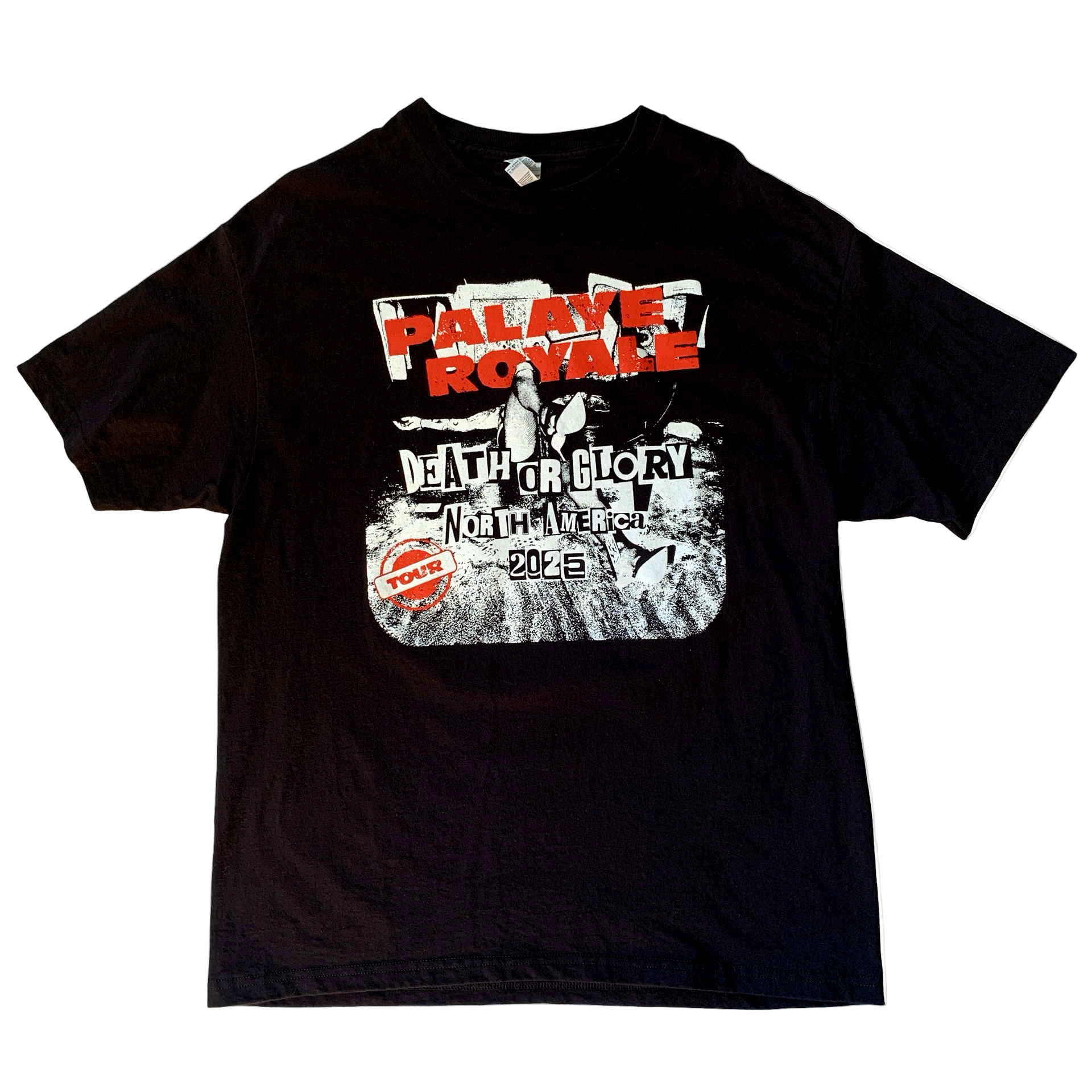 Black t-shirt with graphic design and text on a white background