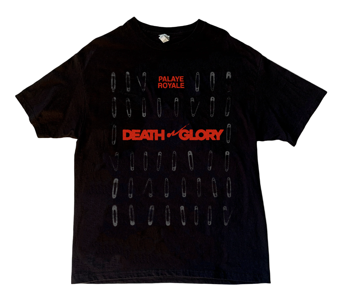 Black t-shirt with red and white text on a white background