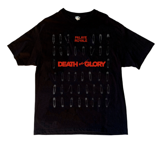 Black t-shirt with red and white text on a white background