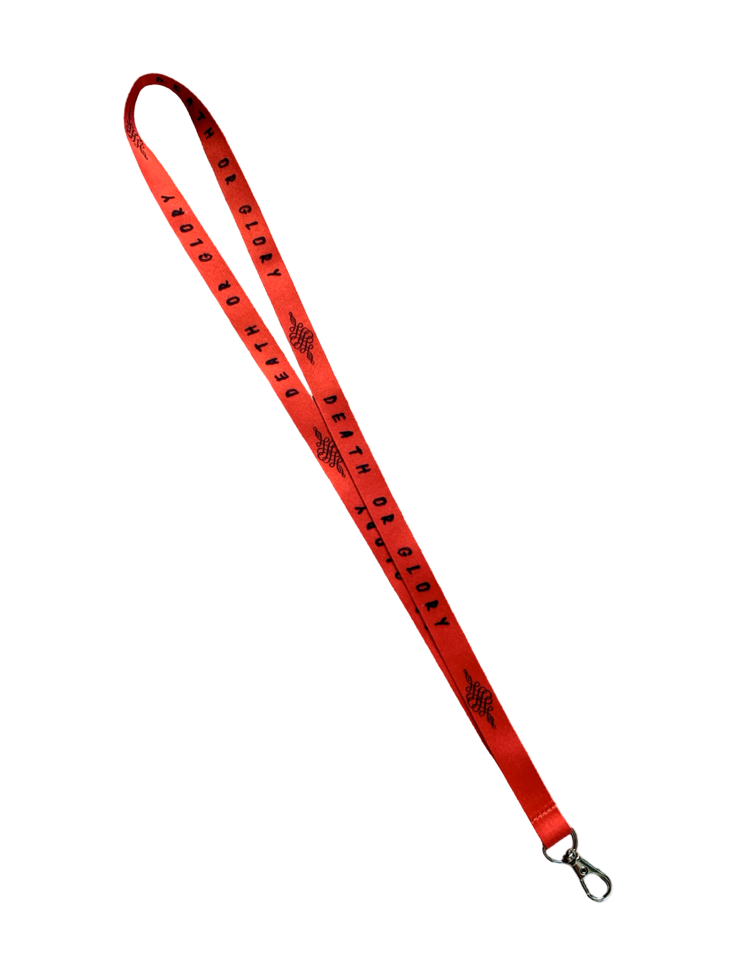 Red lanyard with black text on a white background