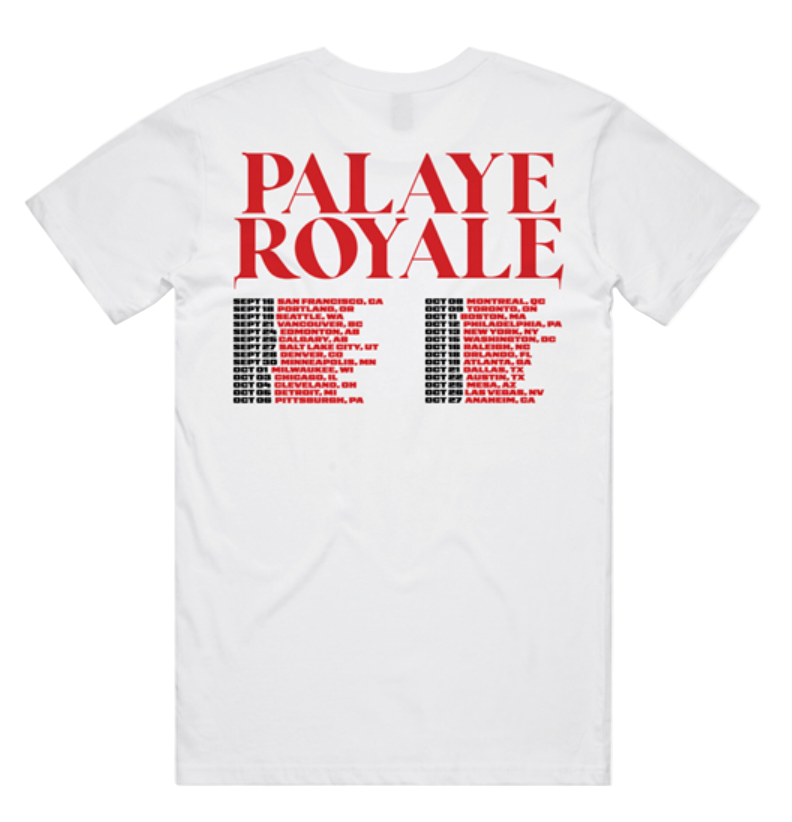 White t-shirt with 'Palaye Royale' text in red