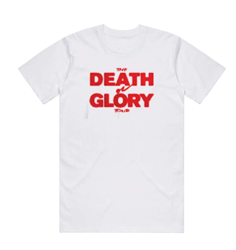 White t-shirt with red text 'THE DEATH GLORY'