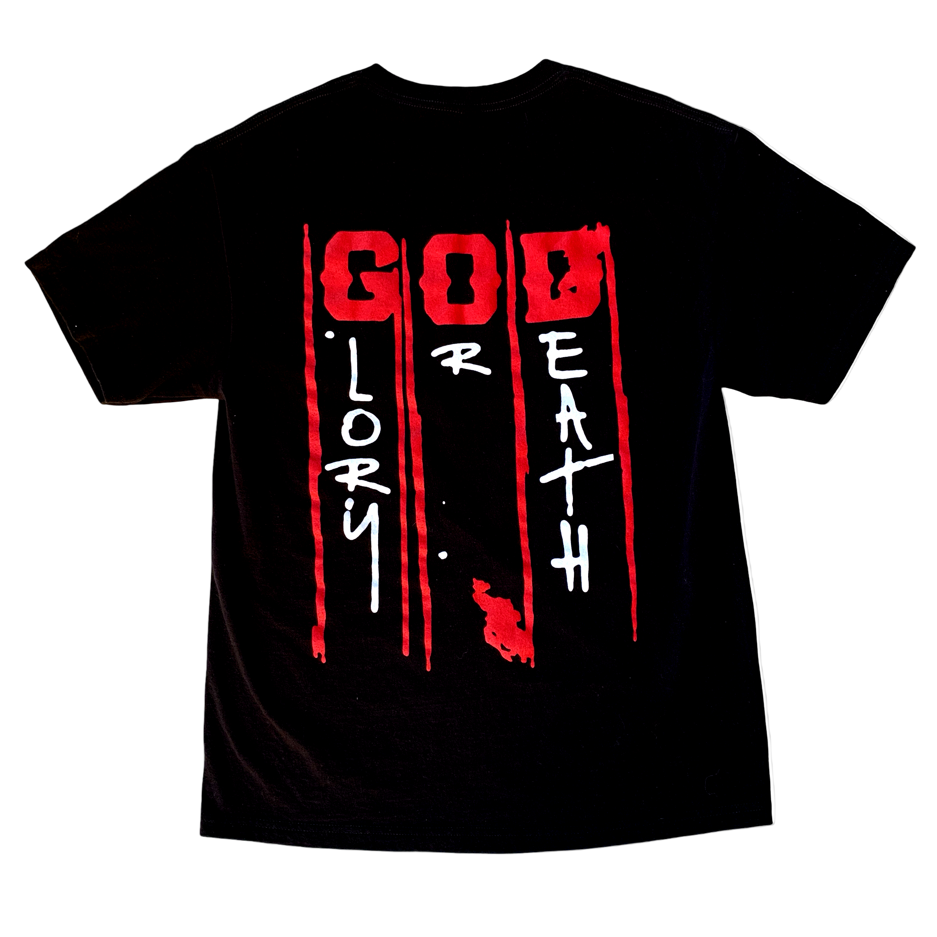 Black t-shirt with red and white graphic design