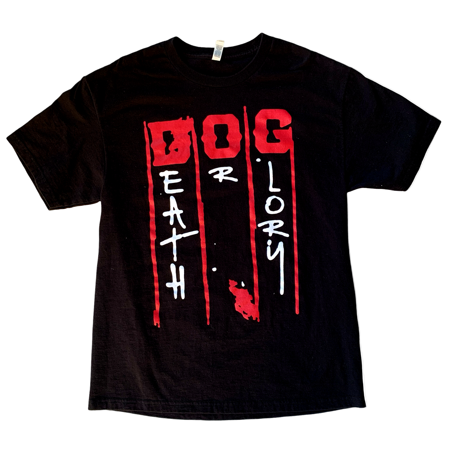 Black t-shirt with red and white and red graphic design