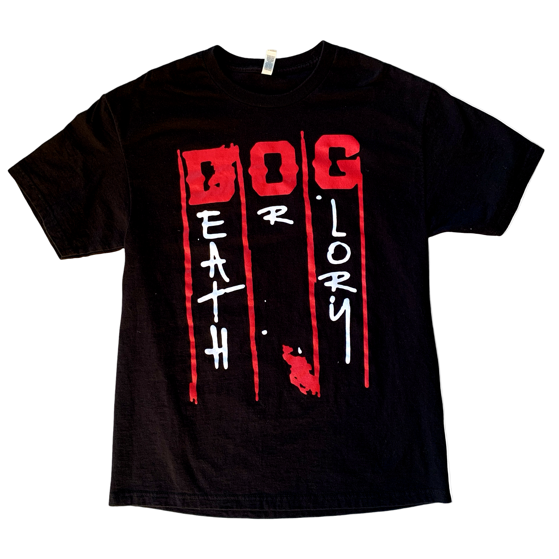 Black t-shirt with red and white and red graphic design