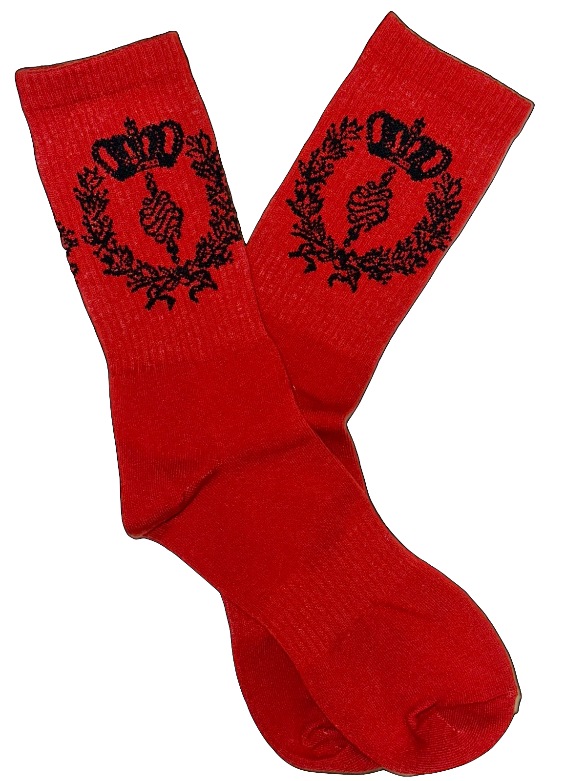 Red socks with black emblem design