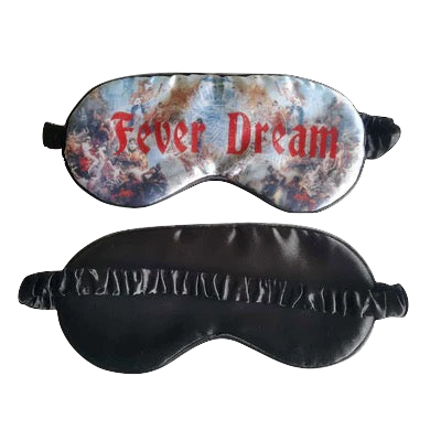 Two sleep eye masks, one with a colorful design and 'Fever Dream' text, the other black