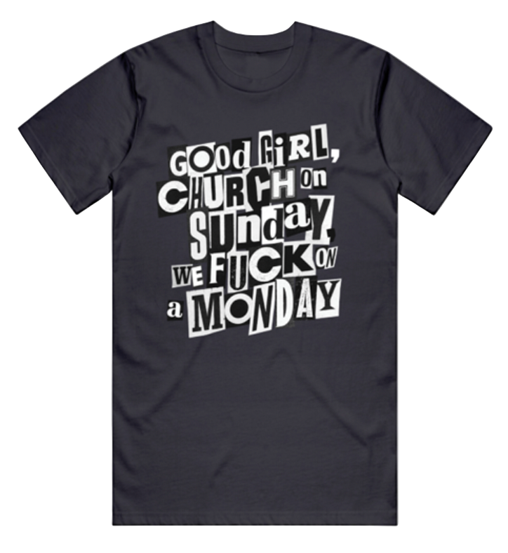 Black t-shirt with white text