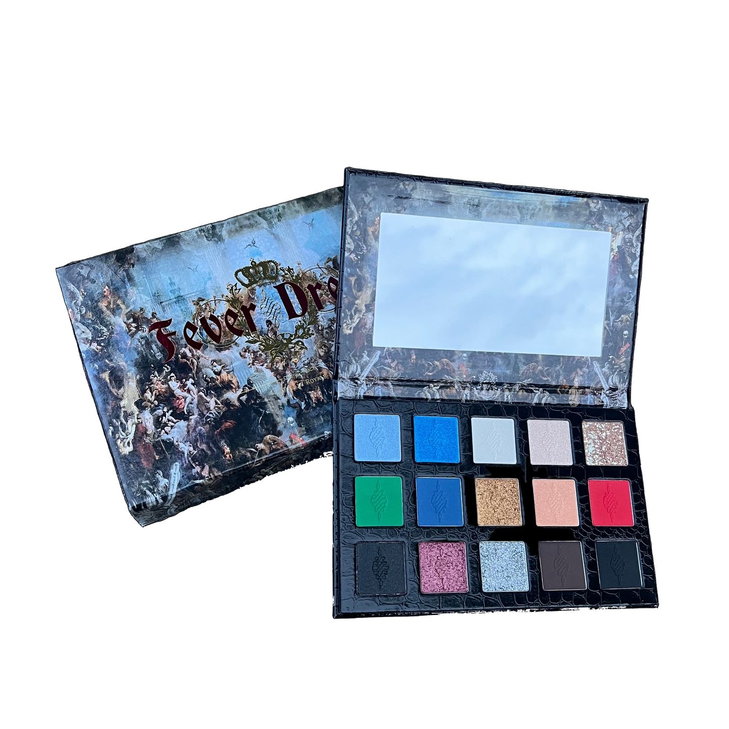 Makeup palette with colorful shades and a mirror