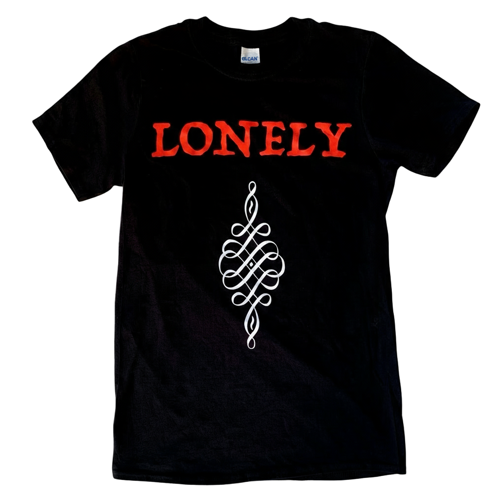 Black t-shirt with red text 'LONELY' and a white symbol on a white background