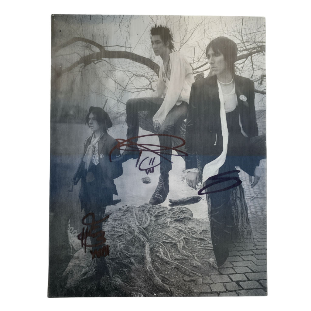 Album cover with three people sitting on a stone wall in a park, with autographs on it.