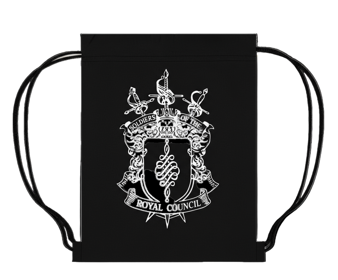 Black drawstring bag with a white emblem and text on a white background