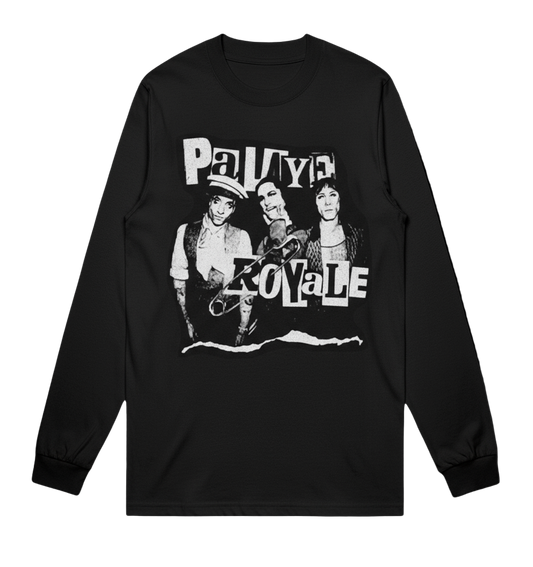 Black long-sleeve shirt with graphic design and text on a white background