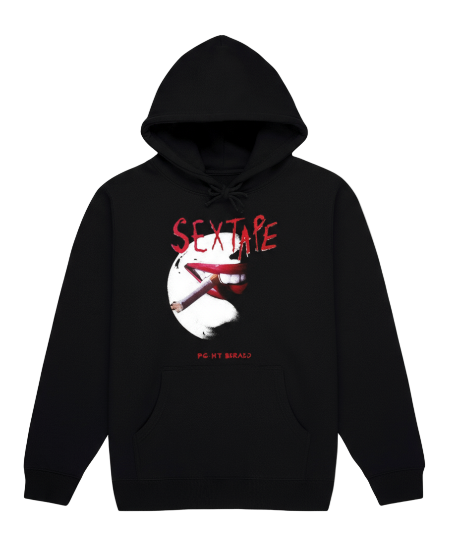 Black hoodie with graphic design and text