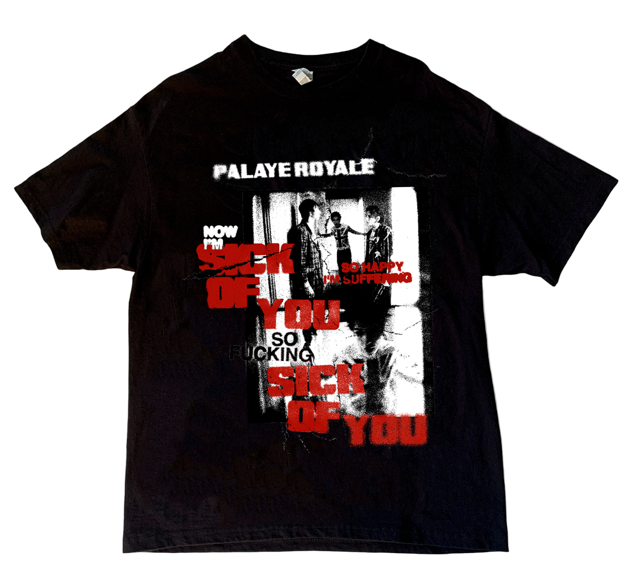 Black t-shirt with graphic design and text