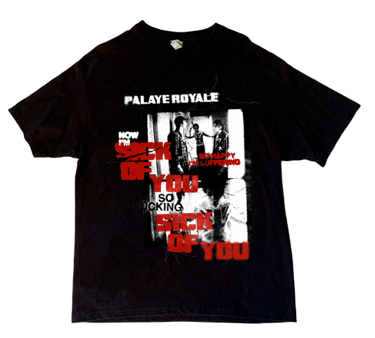 Black t-shirt with graphic design and text
