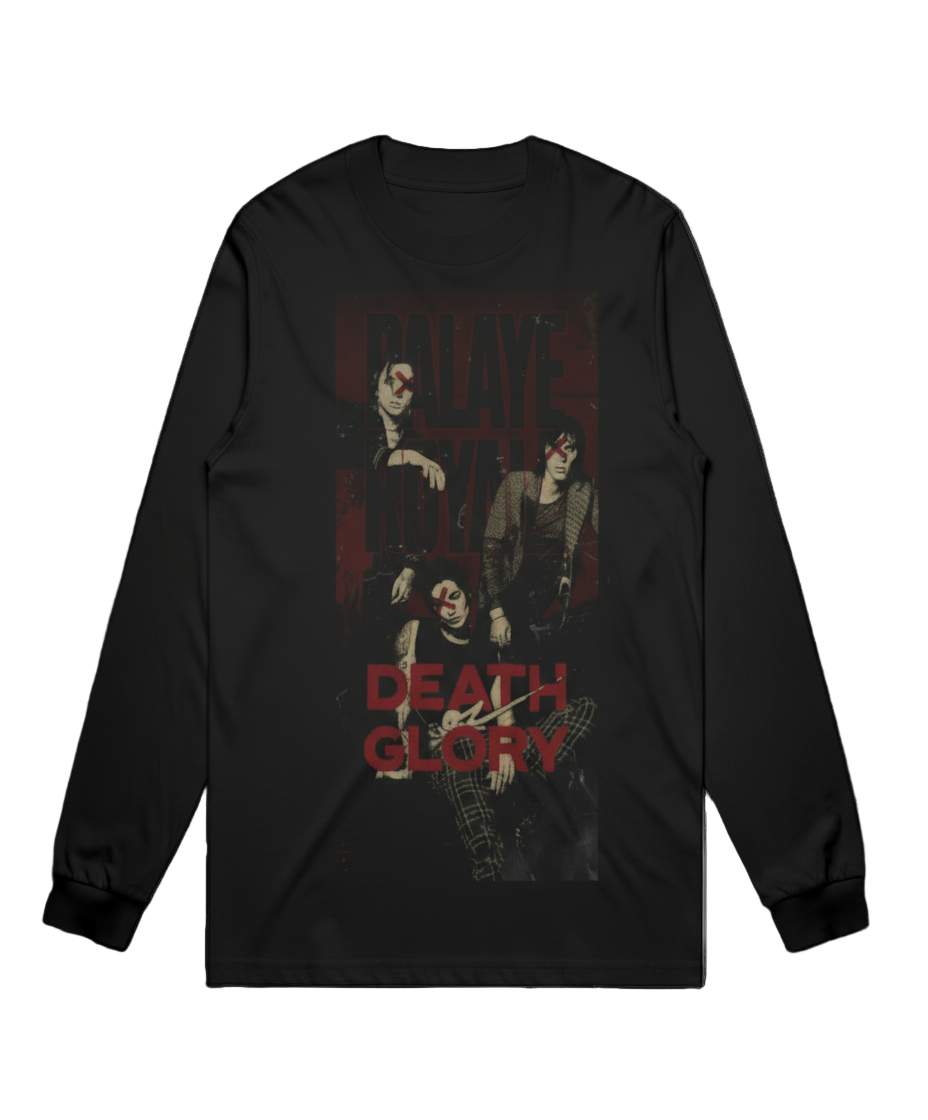 Black long-sleeve shirt with graphic design and 'Death Glory' text
