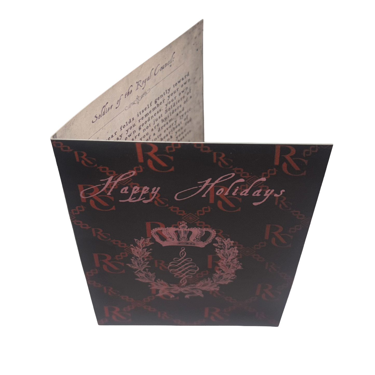 Decorative greeting card with 'Happy Holidays' text and royal emblem on a white background