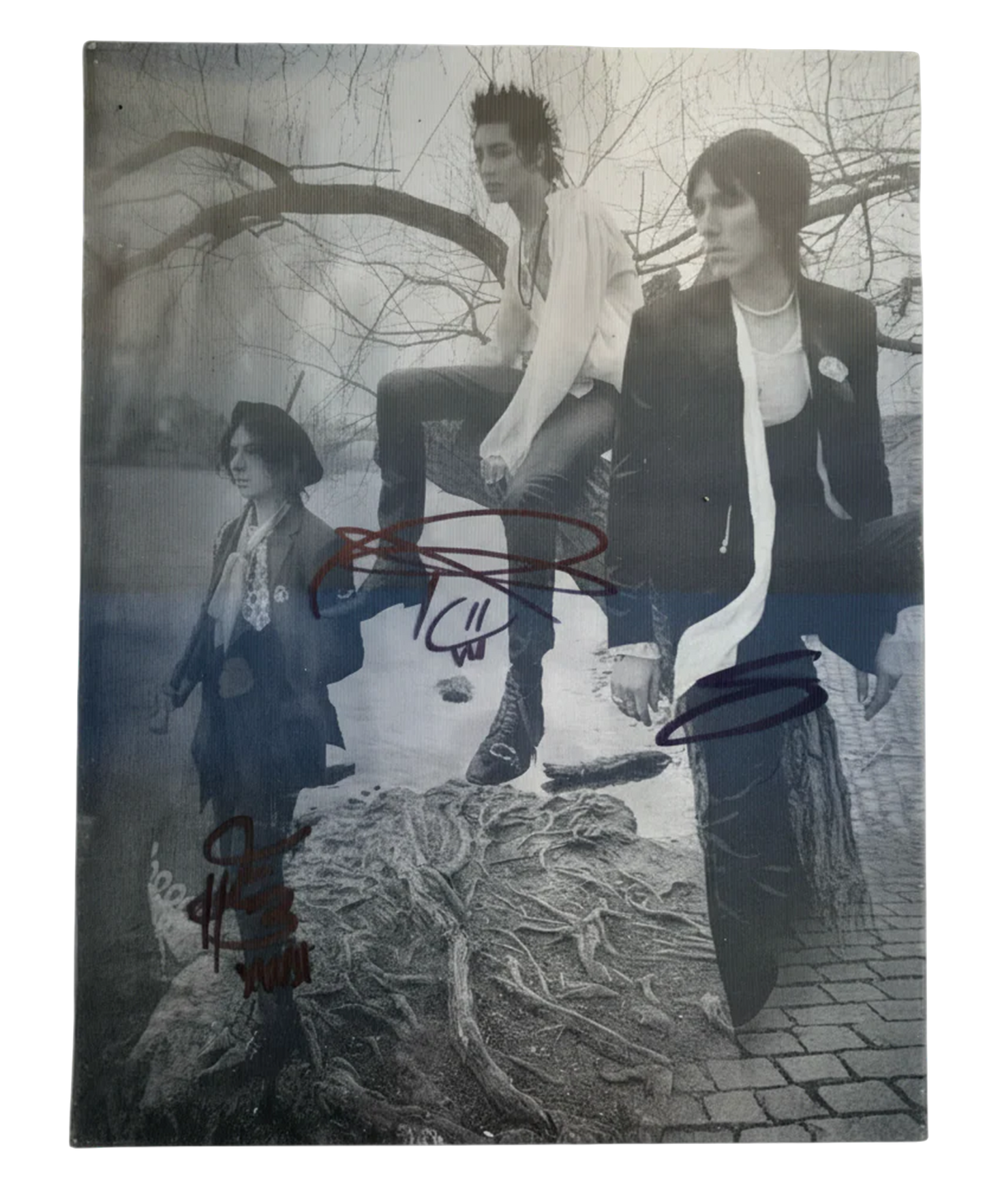 Collage of three people in a stylized setting with signatures on it