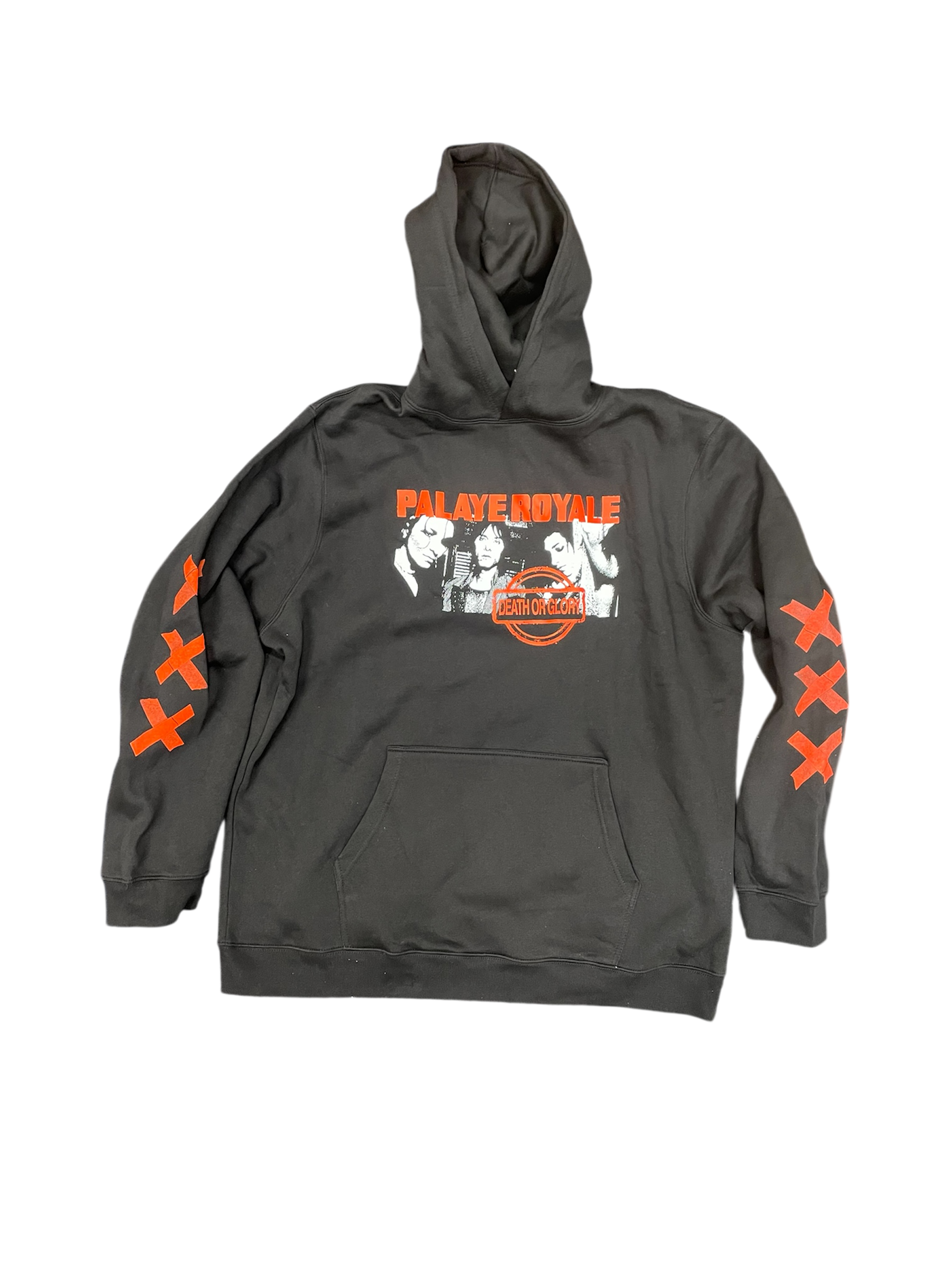 Gray hoodie with orange graphics and text on a white background