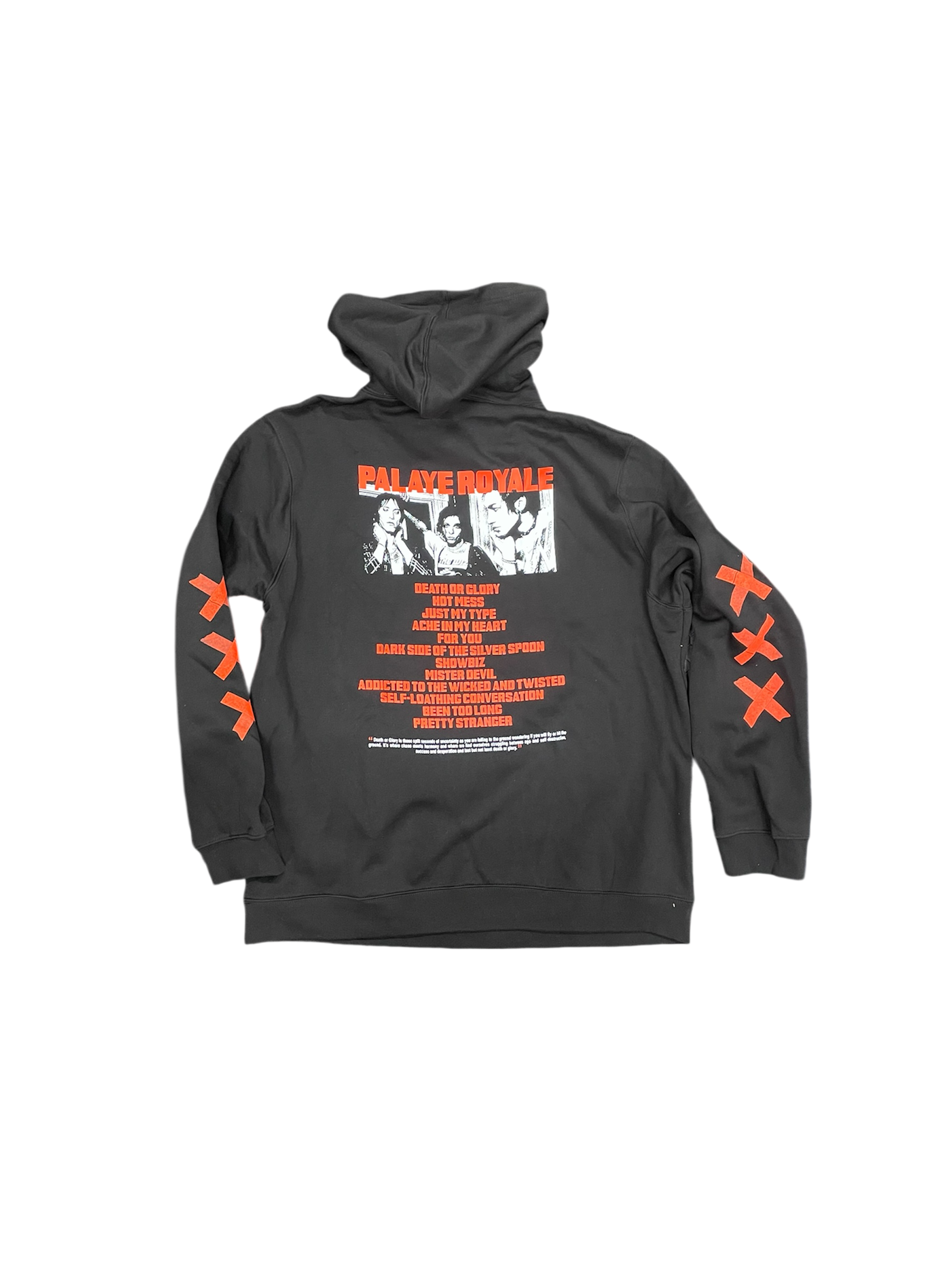 Black hoodie with graphic design on the back on a white background
