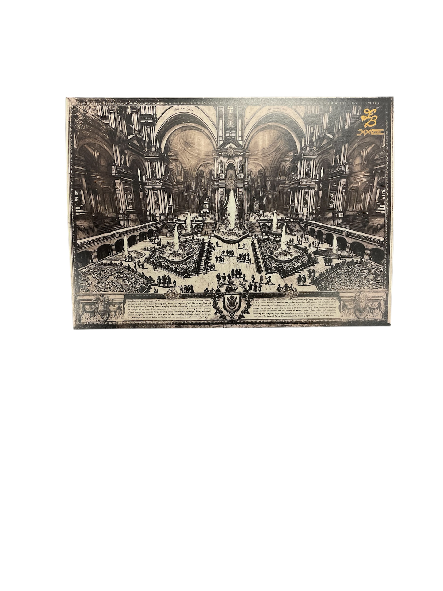 Decorative panel with a vintage-style illustration of a grand interior design on a white background.