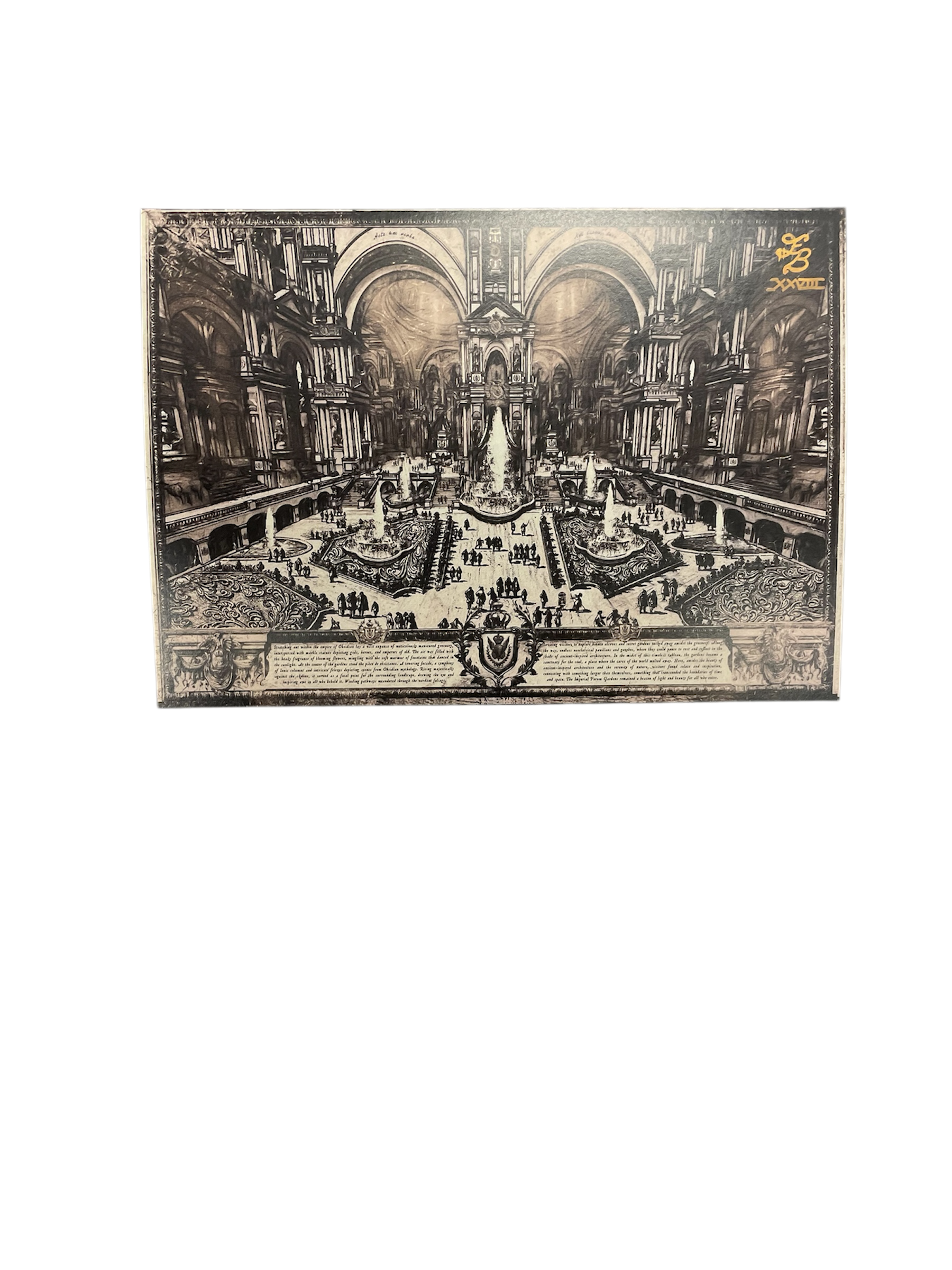 Decorative panel with a vintage-style illustration of a grand interior design on a white background.