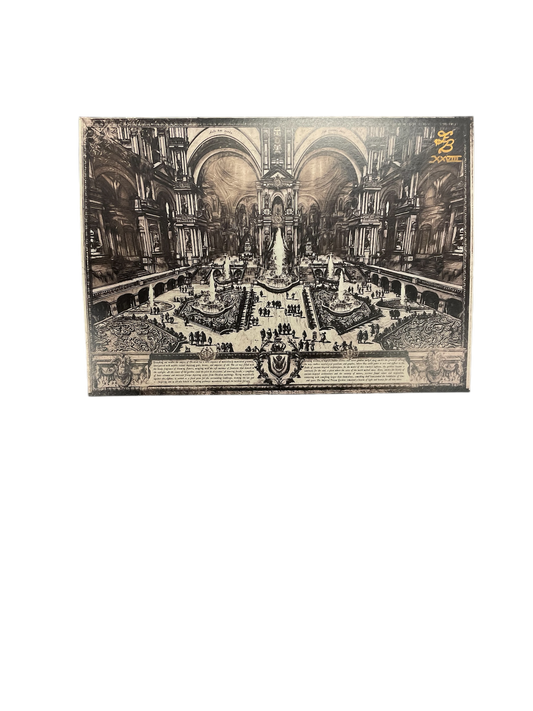 Decorative panel with a vintage-style illustration of a grand interior design on a white background.