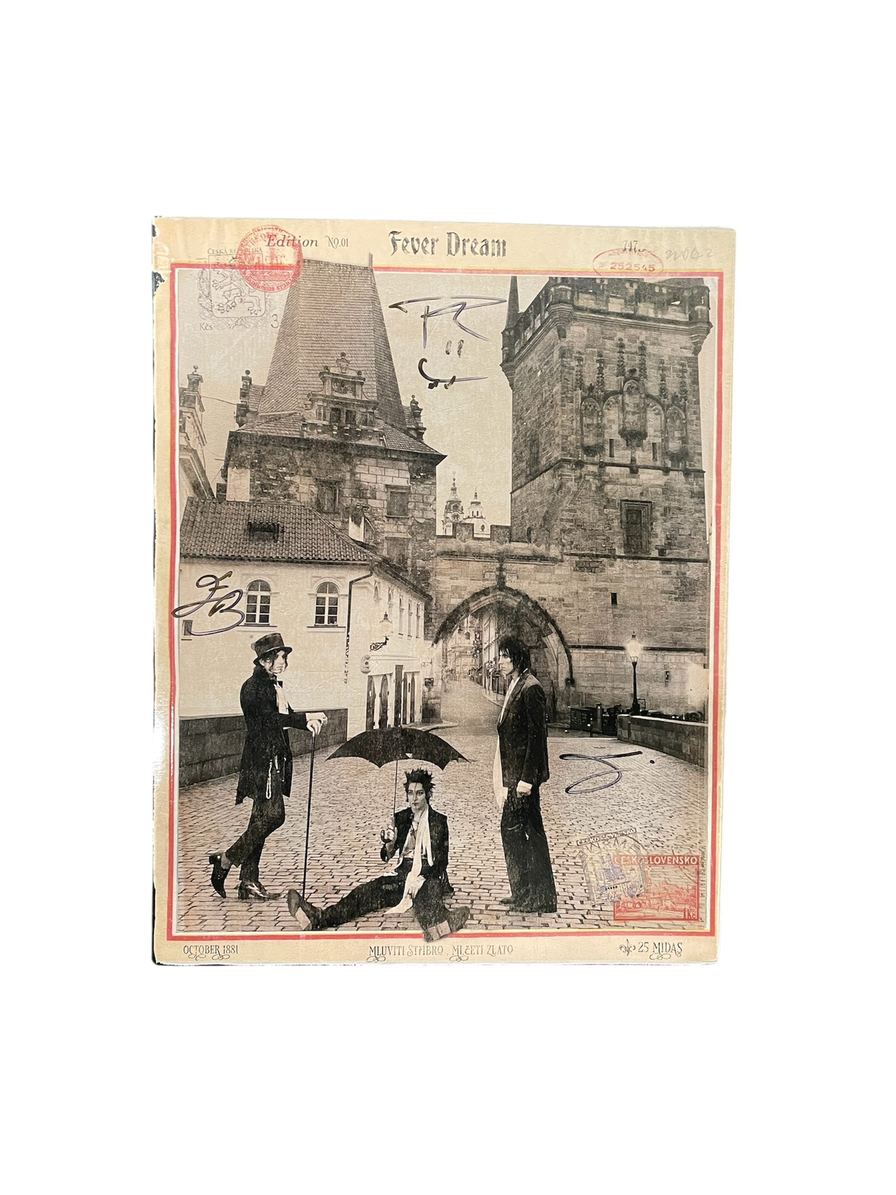 Vintage-style illustration of people on a street with architectural elements in the background.