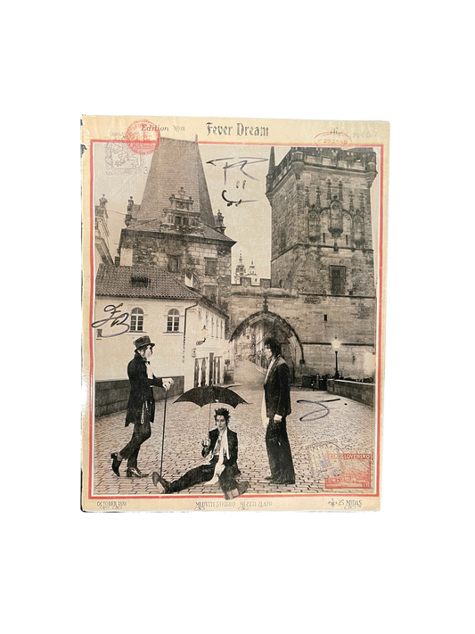 Vintage-style illustration of people on a street with architectural elements in the background.