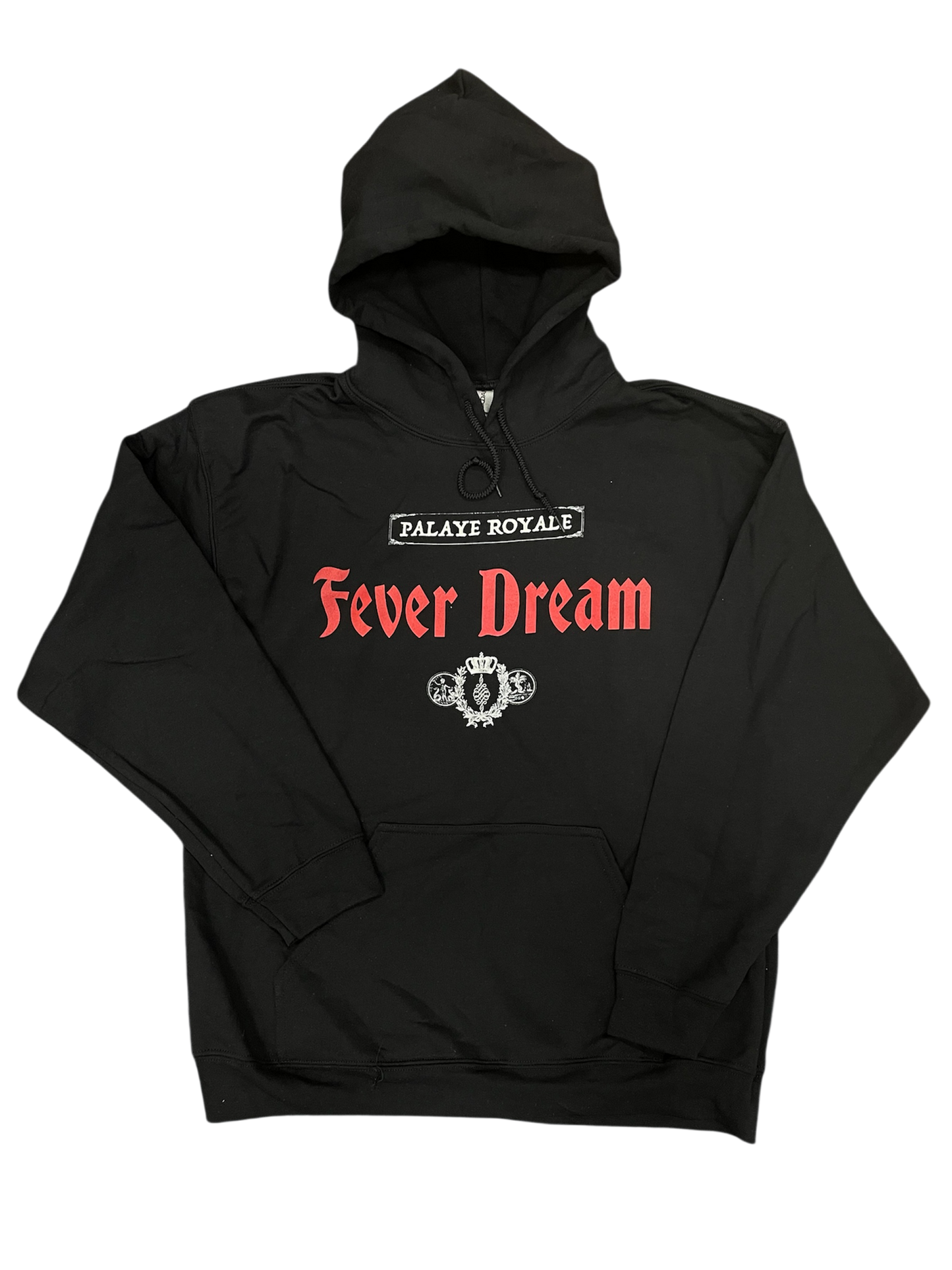 Black hoodie with 'Palaye Royale Fever Dream' text on a white background