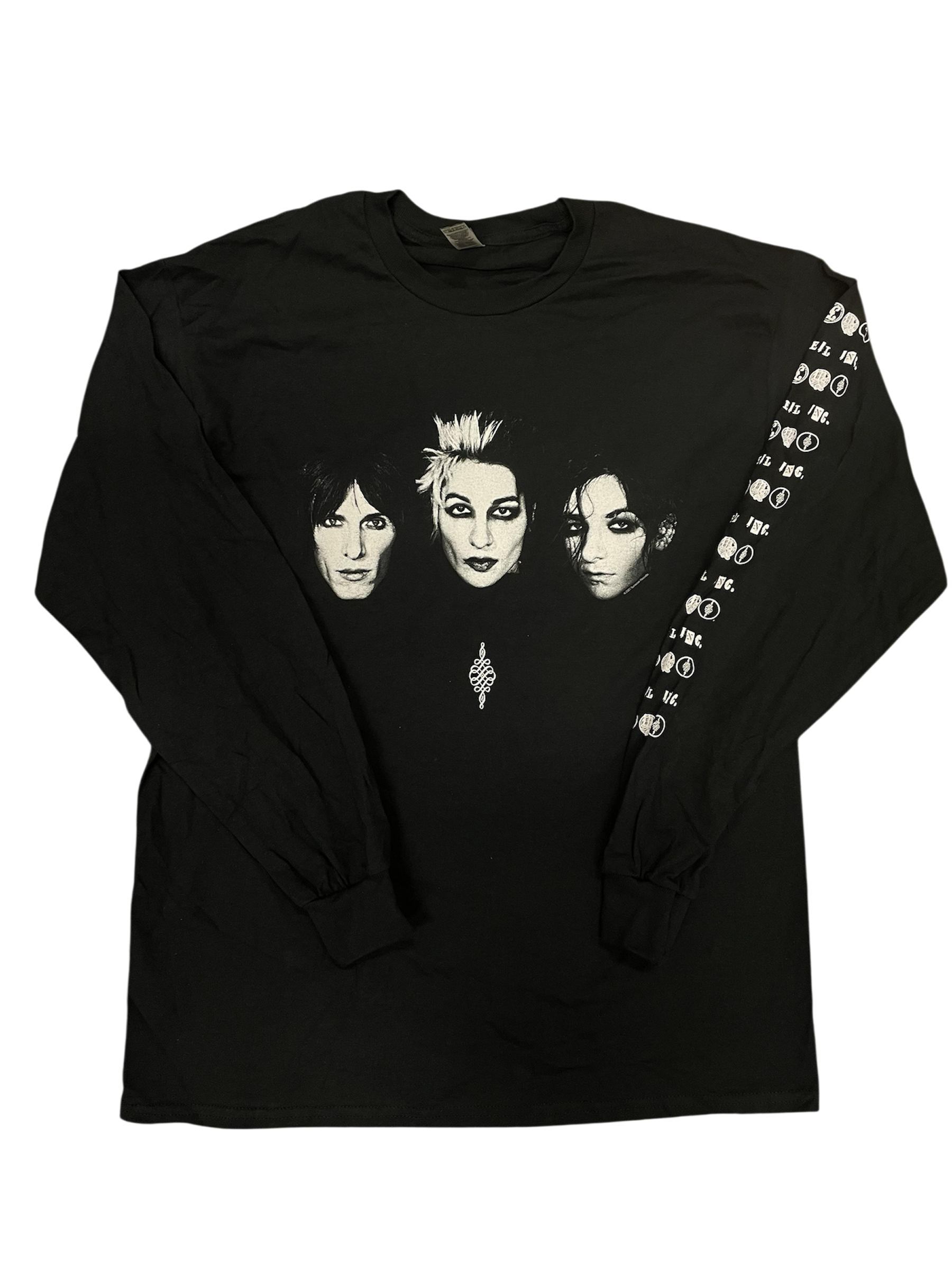 Black long-sleeve shirt with graphic designs on a white background