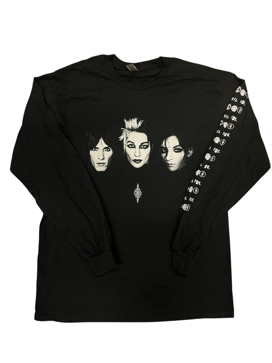 Black long-sleeve shirt with graphic designs on a white background