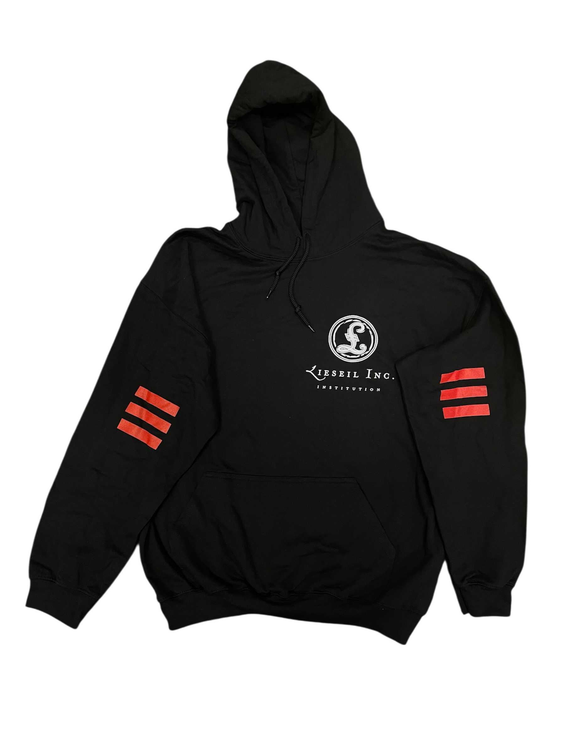 Black hoodie with red stripes on sleeves and logo on chest against a white background