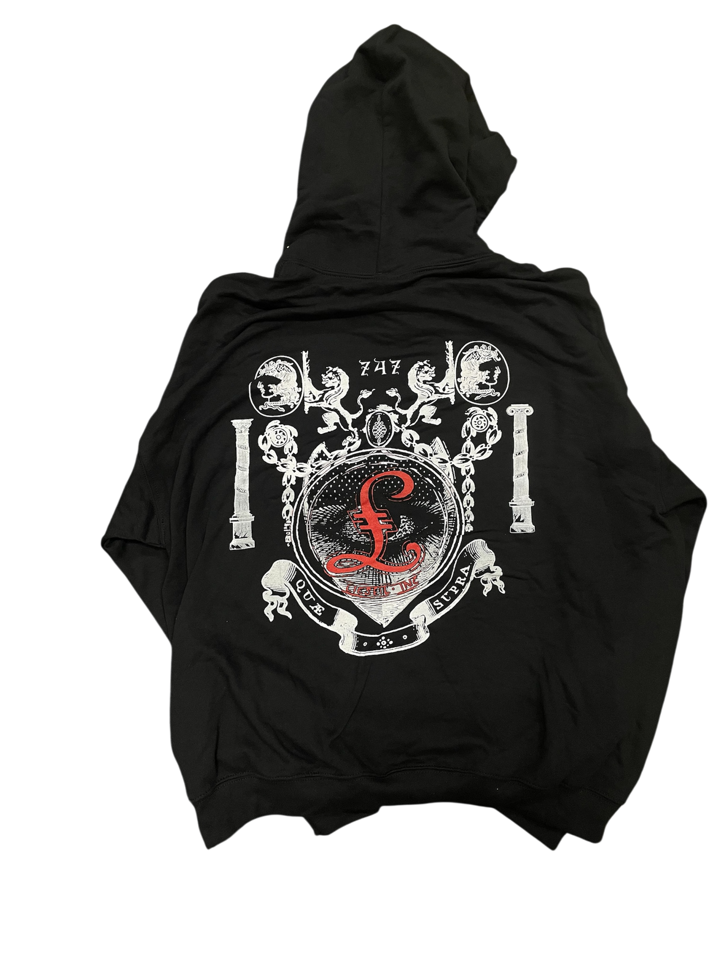 Black hoodie with a detailed emblem design on the back against a white background