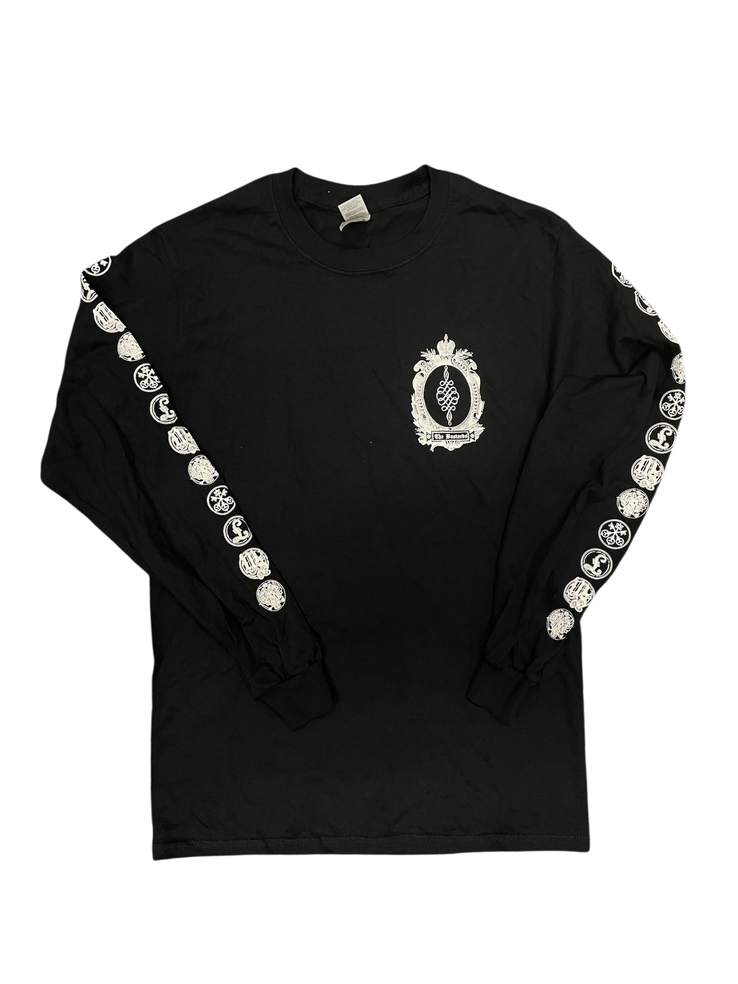 Black long-sleeve shirt with white graphic design on a white background